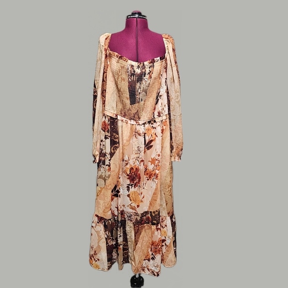 City Chic Floral Patchwork Smocked Floral Midi Dress Printed Long Balloon Sleeve - Picture 3 of 13